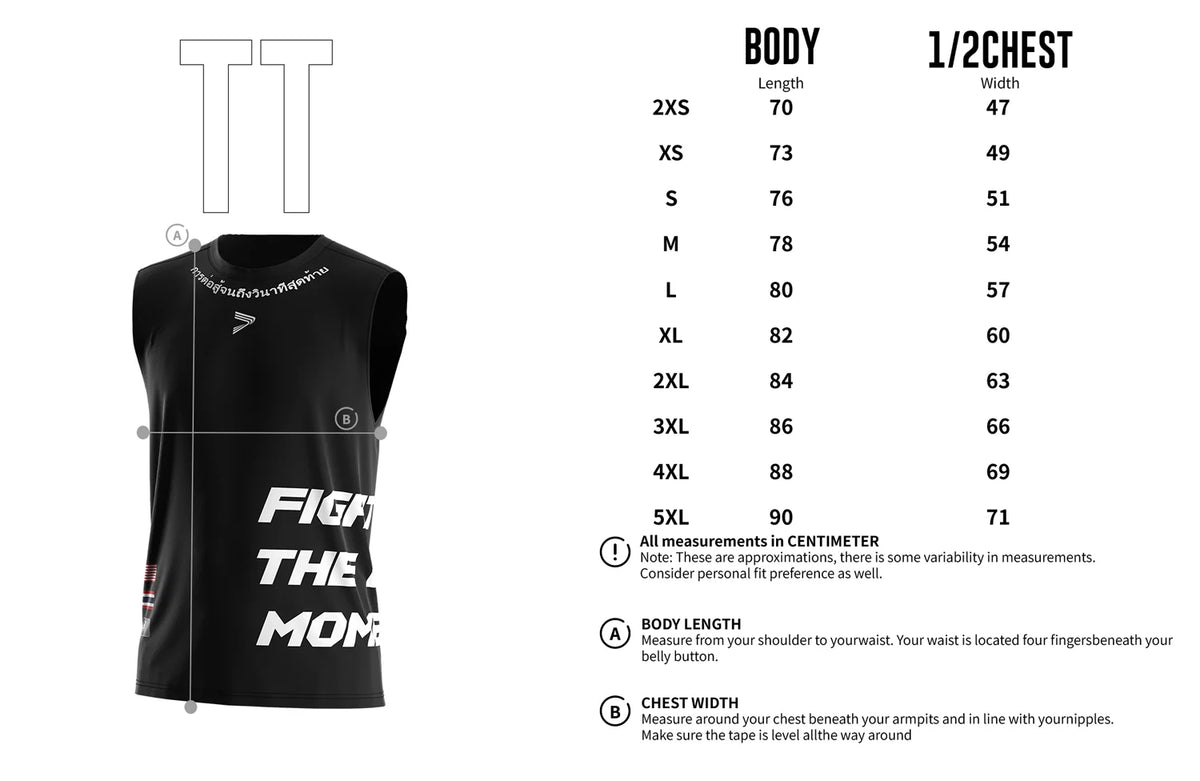 Adult Size Chart of Black Muay Thai Sleeveless Shirt W/ Red Tiger Head