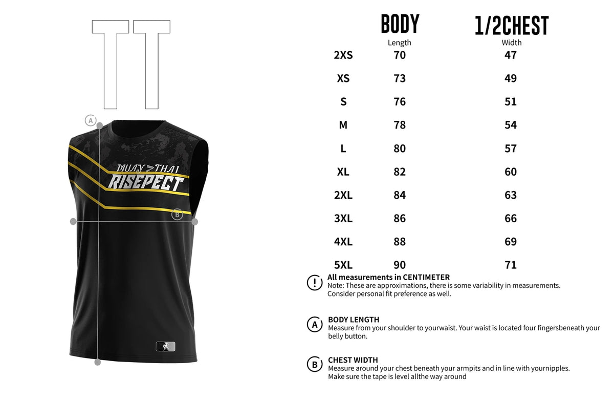 Adult Size Chart of Black Muay Thai Sleeveless Shirt W/ Yellow Lines