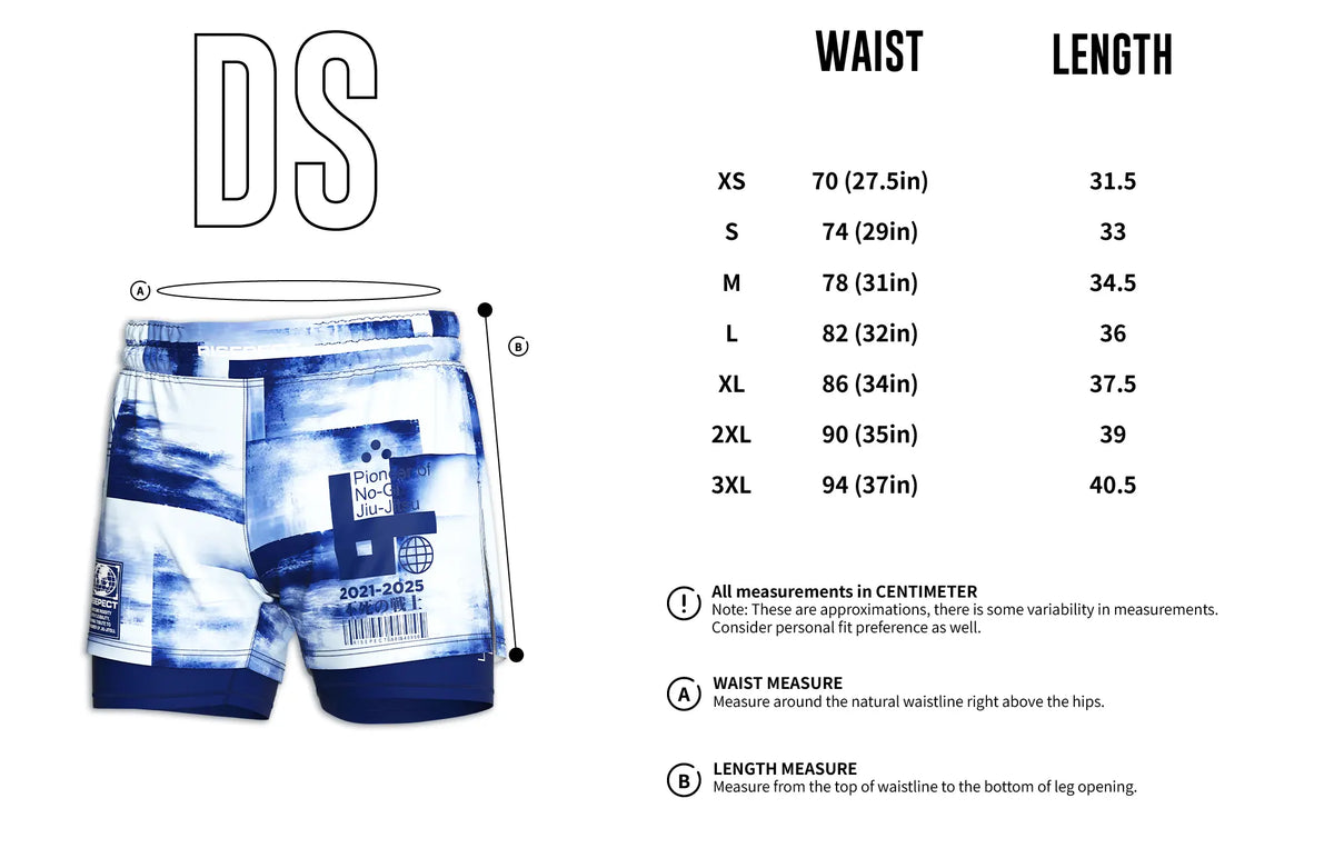 Men's Size Chart of Chalk Blue 2 In 1 No Gi Hybrid Shorts Men