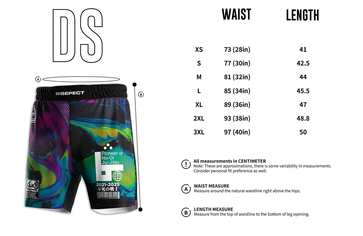 Adult Size Chart of Colorful High Slit MMA BJJ Fight Shorts W/ Gray Compression Lining