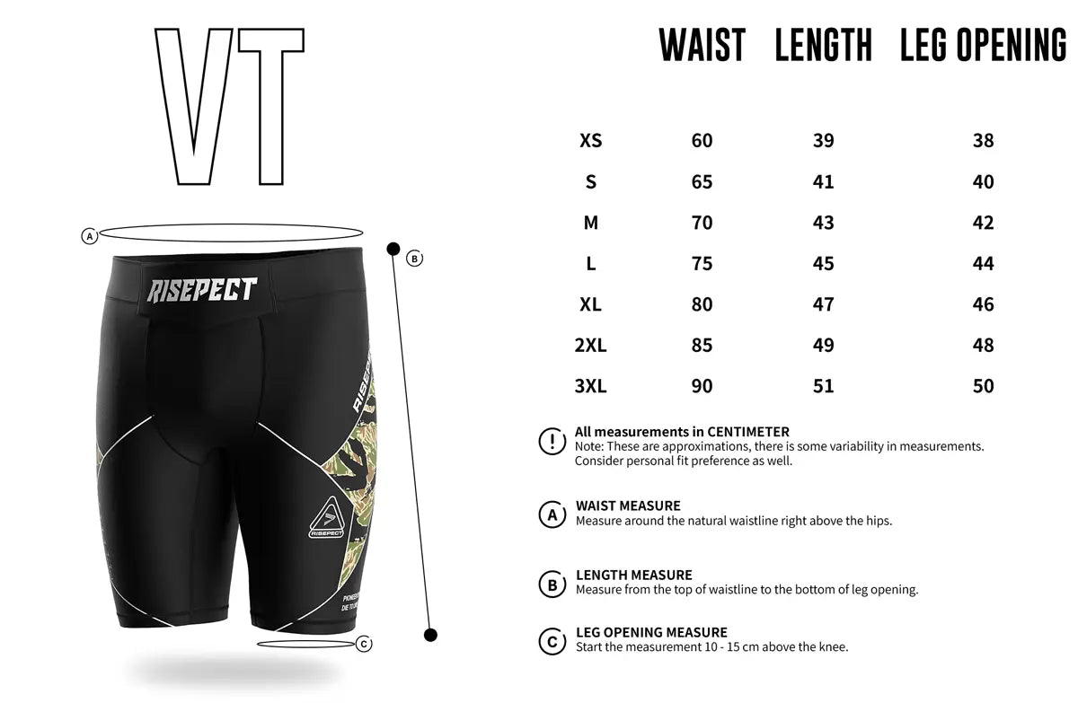 Adult Sizes Chart of Core Command Men Vale Tudo Shorts 2.0