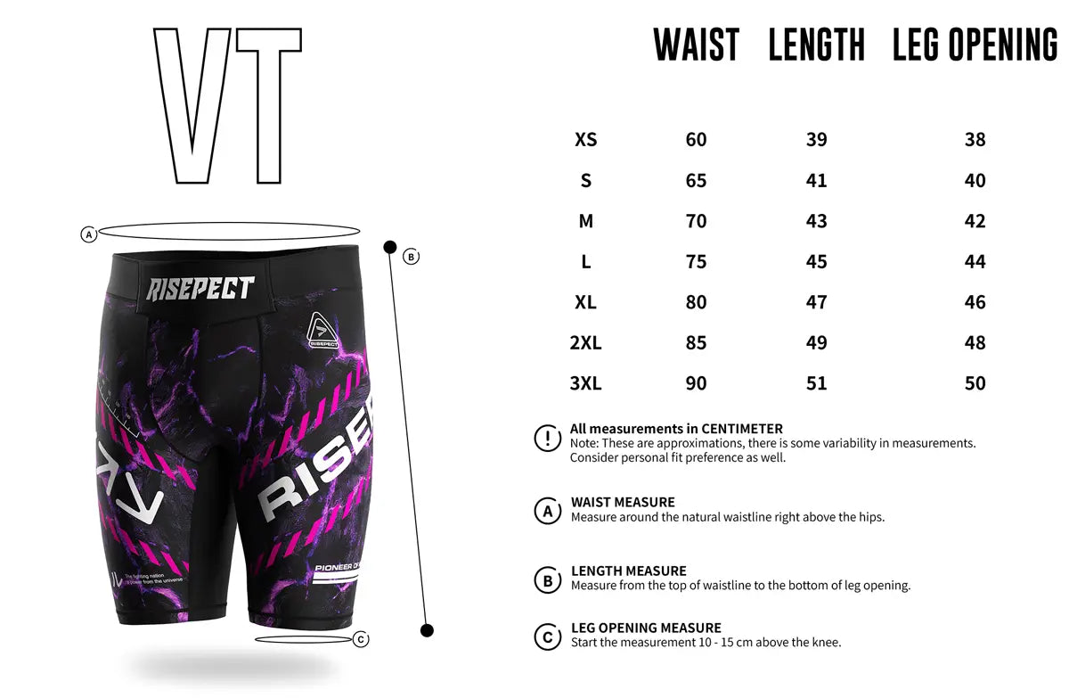 Adult Sizes Chart of Cosmic Surge Men Vale Tudo Shorts 2.0