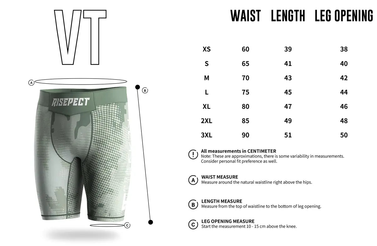 Adult Sizes Chart of Digital Jungle Green Camo Men Vale Tudo Training Shorts 2.0