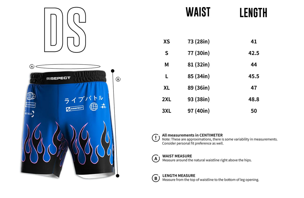 Adult Size Chart of Flame High Slit MMA BJJ Fight Shorts With Black Compression Lining