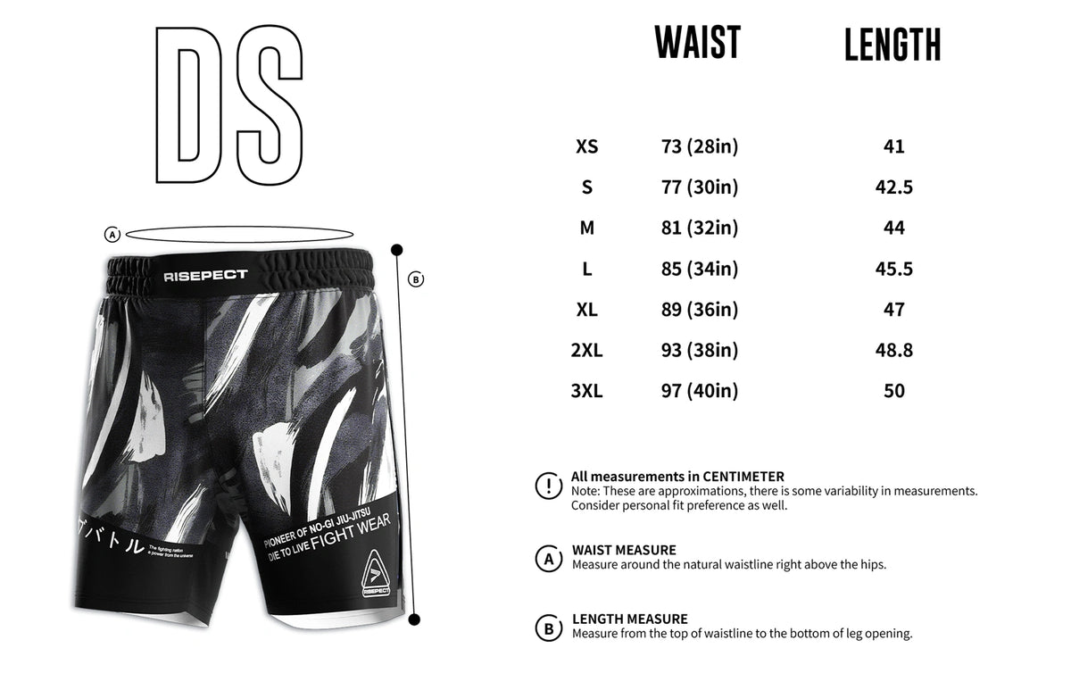 Adult Size Chart of Gray Ink Brush High Split MMA Grappling Shorts With Compression Lining