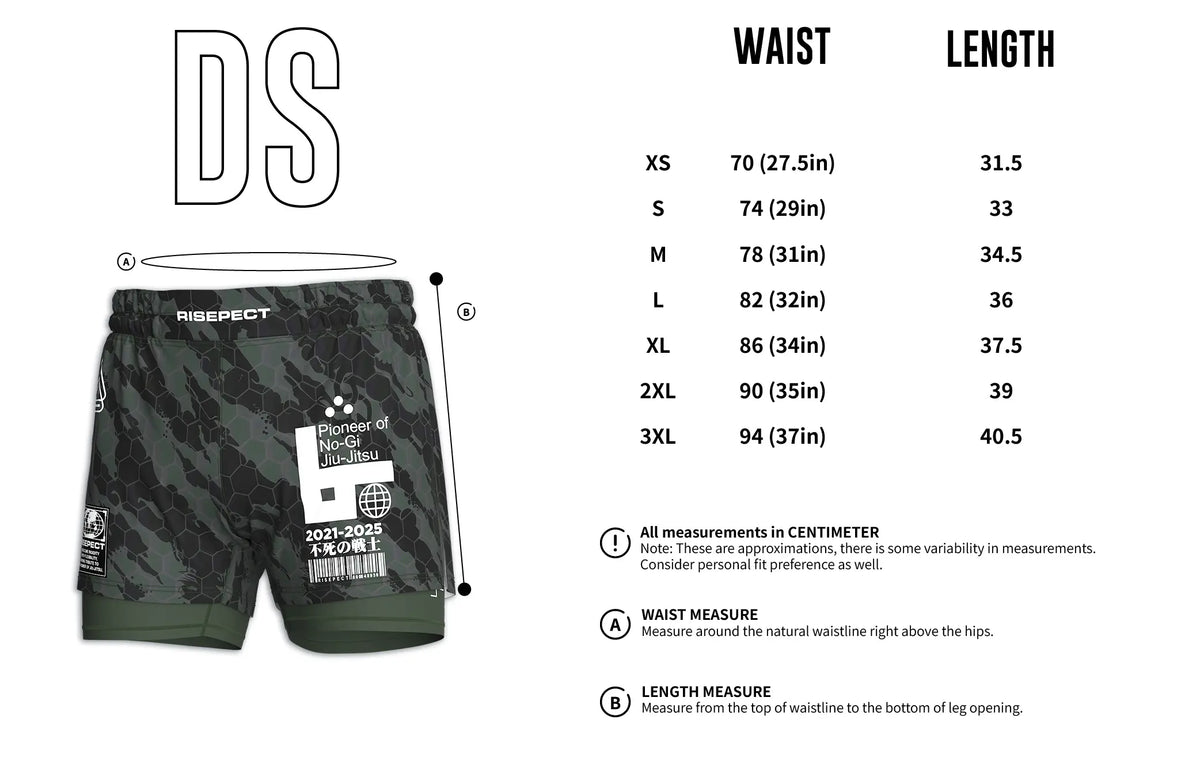 Men's Size Chart of Hexagonal Camo 2in1 BJJ Hybrid Shorts for Men