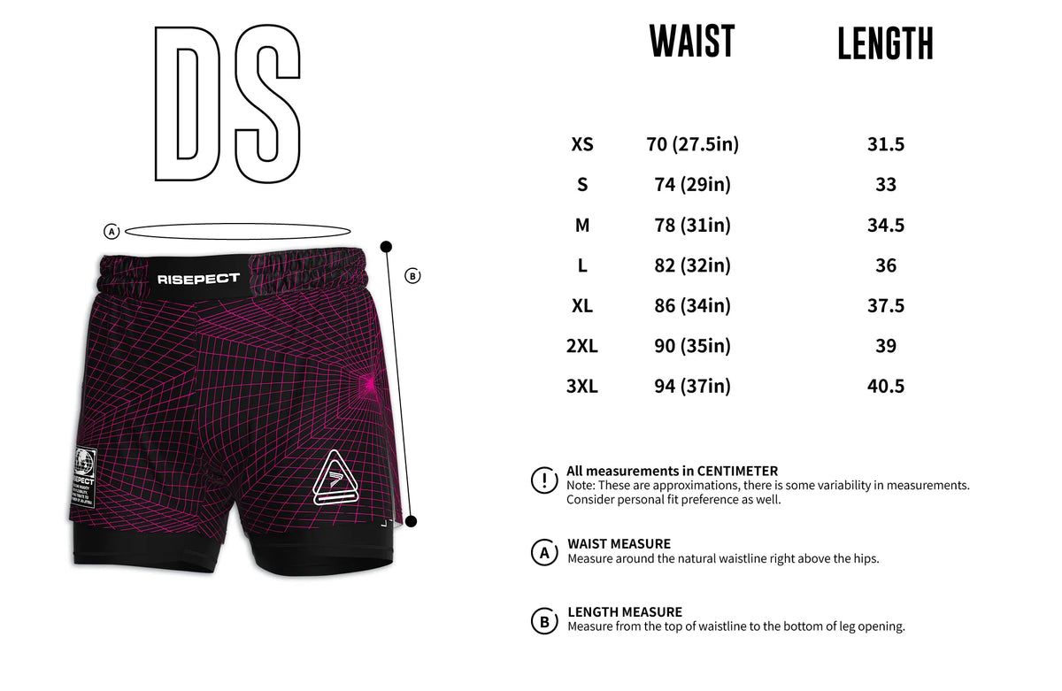Men's Size Chart of Laser Check 2 In 1 No Gi Hybrid Shorts Men