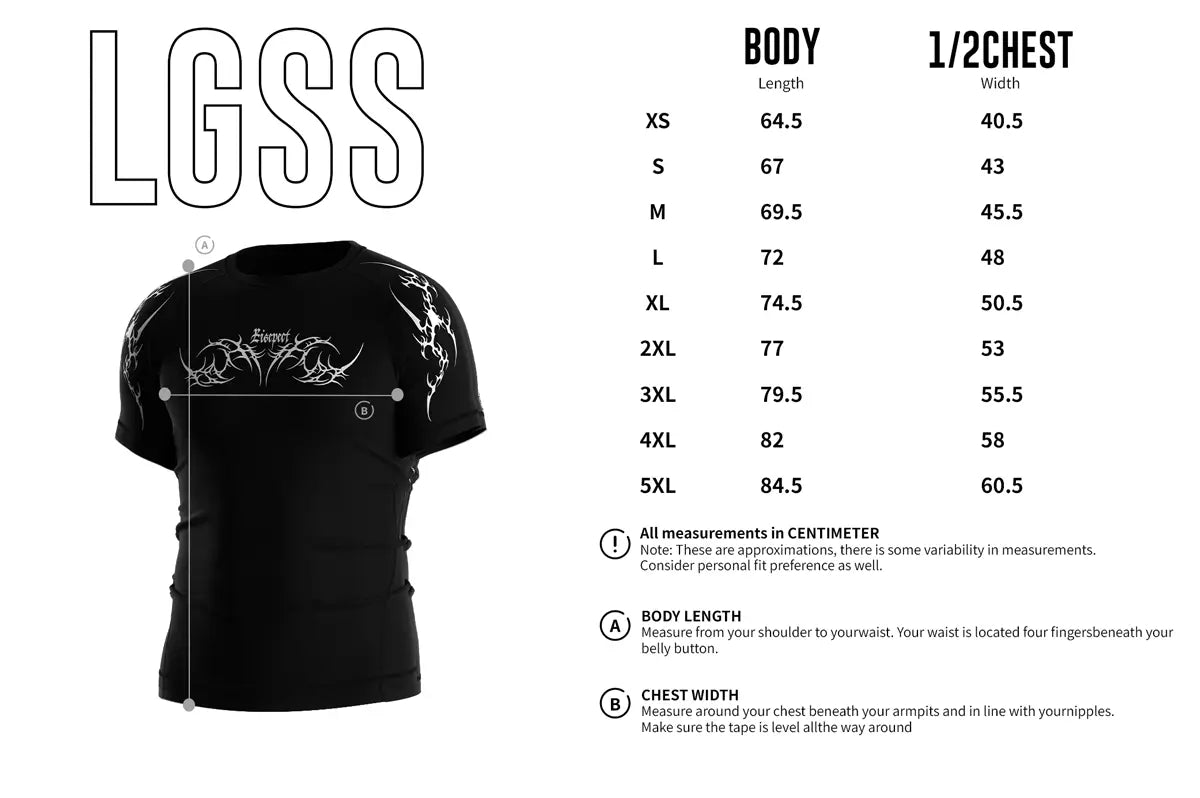 Adult Sizes Chart of Men Rash Guard 3.0 "Flame Sigil" Gothic Black Shirt Short Sleeve