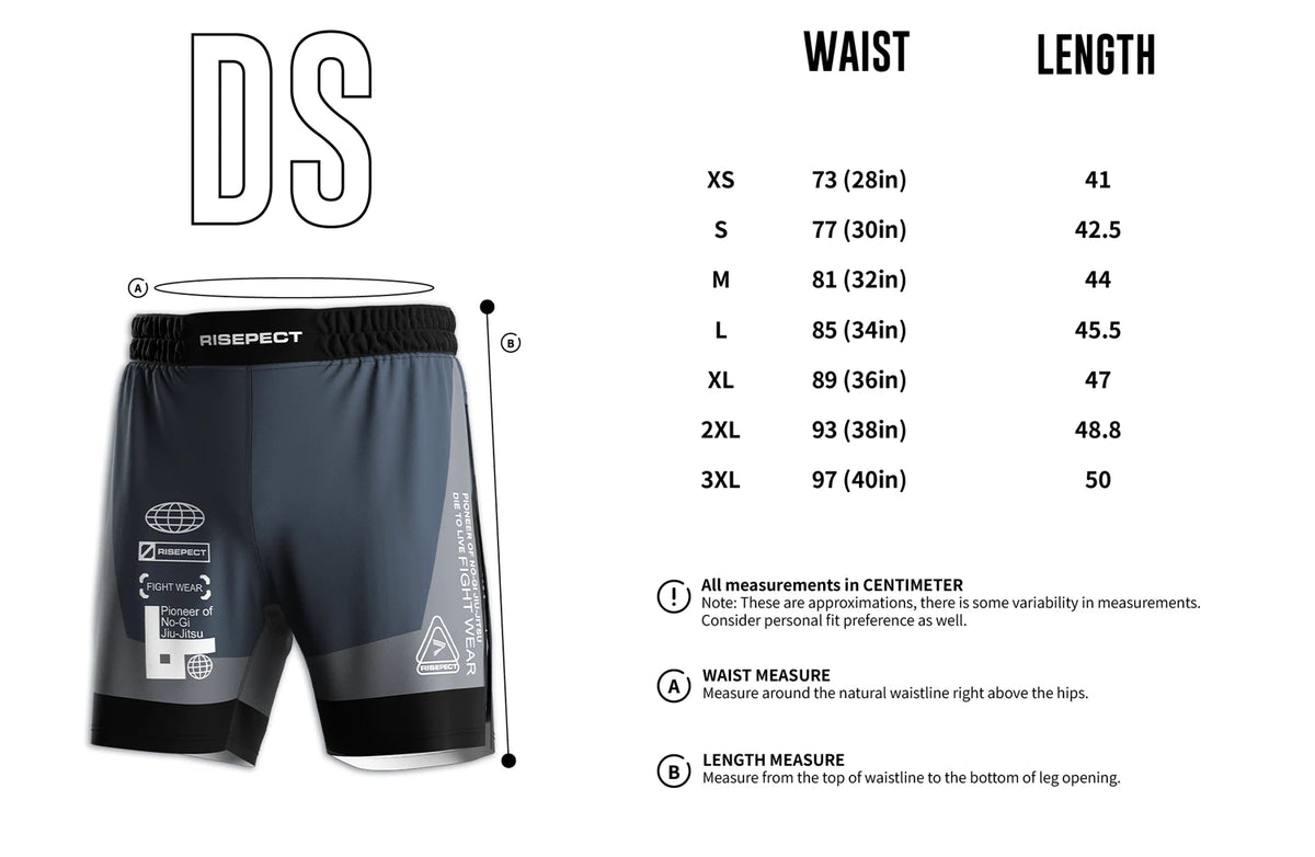 Adult Size Chart of Navy & Grey High Slit MMA BJJ Shorts with Compression Lining