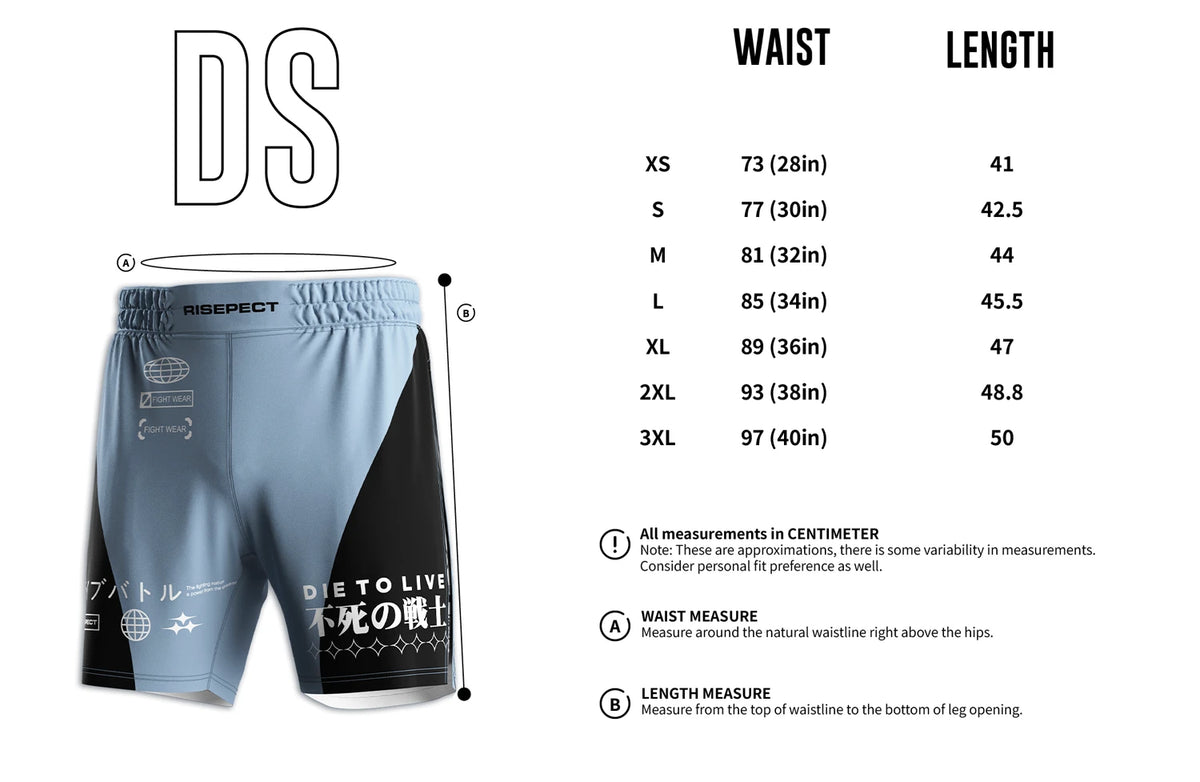 Adult Size Chart of Navy High Split MMA BJJ Competition Fight Shorts With White lining