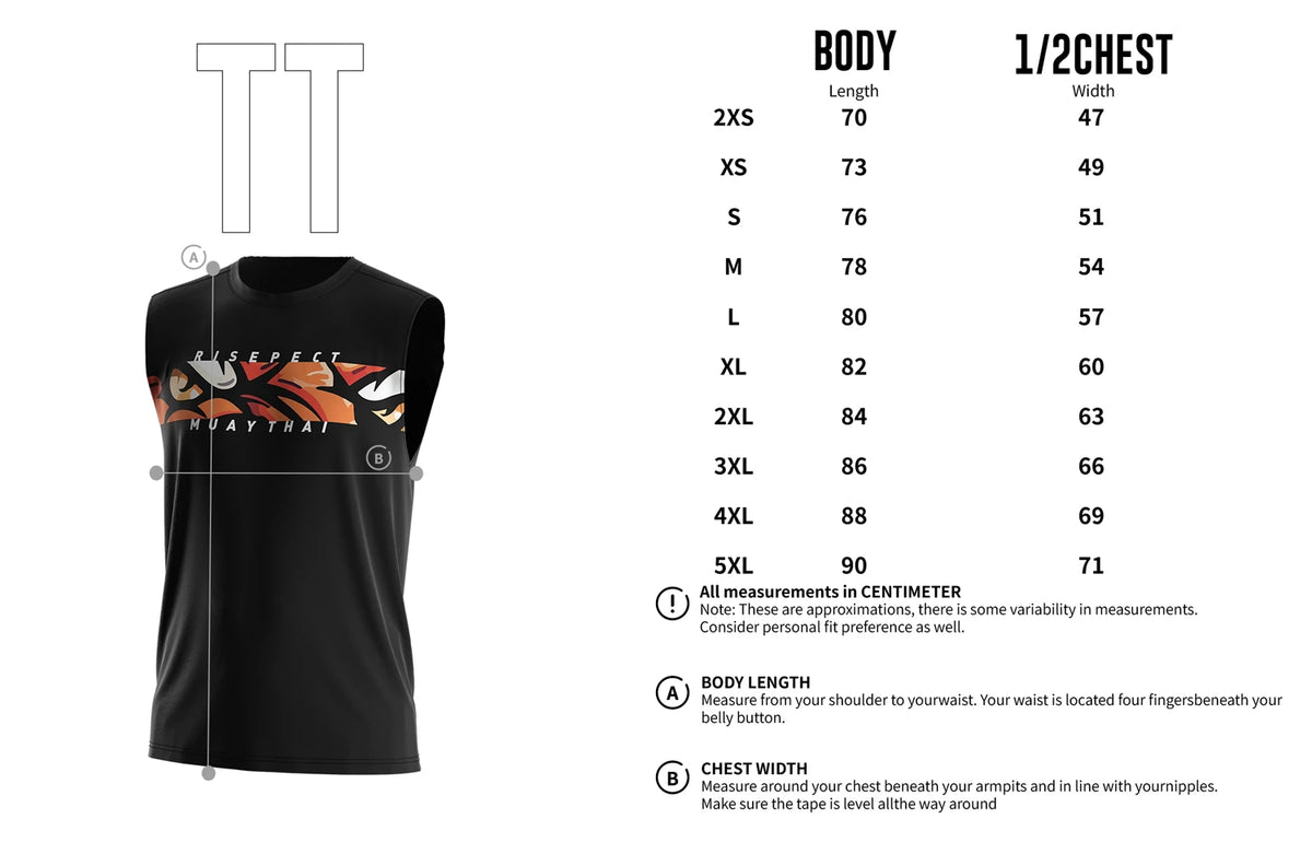 Adult Size Chart of Orange Tiger Graphic Muay Thai Black Sleeveless Shirt