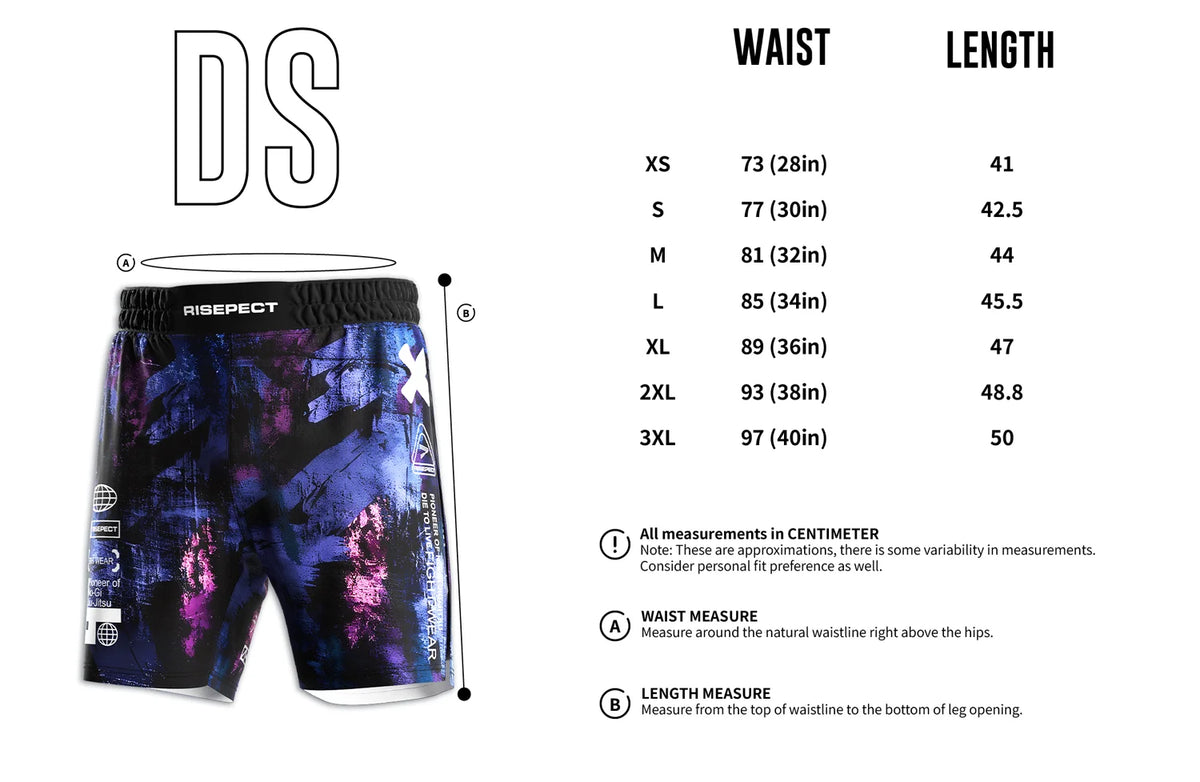 Adult Size Chart of Purple Galaxy High Split MMA BJJ Fight Shorts W/ Solid Lining