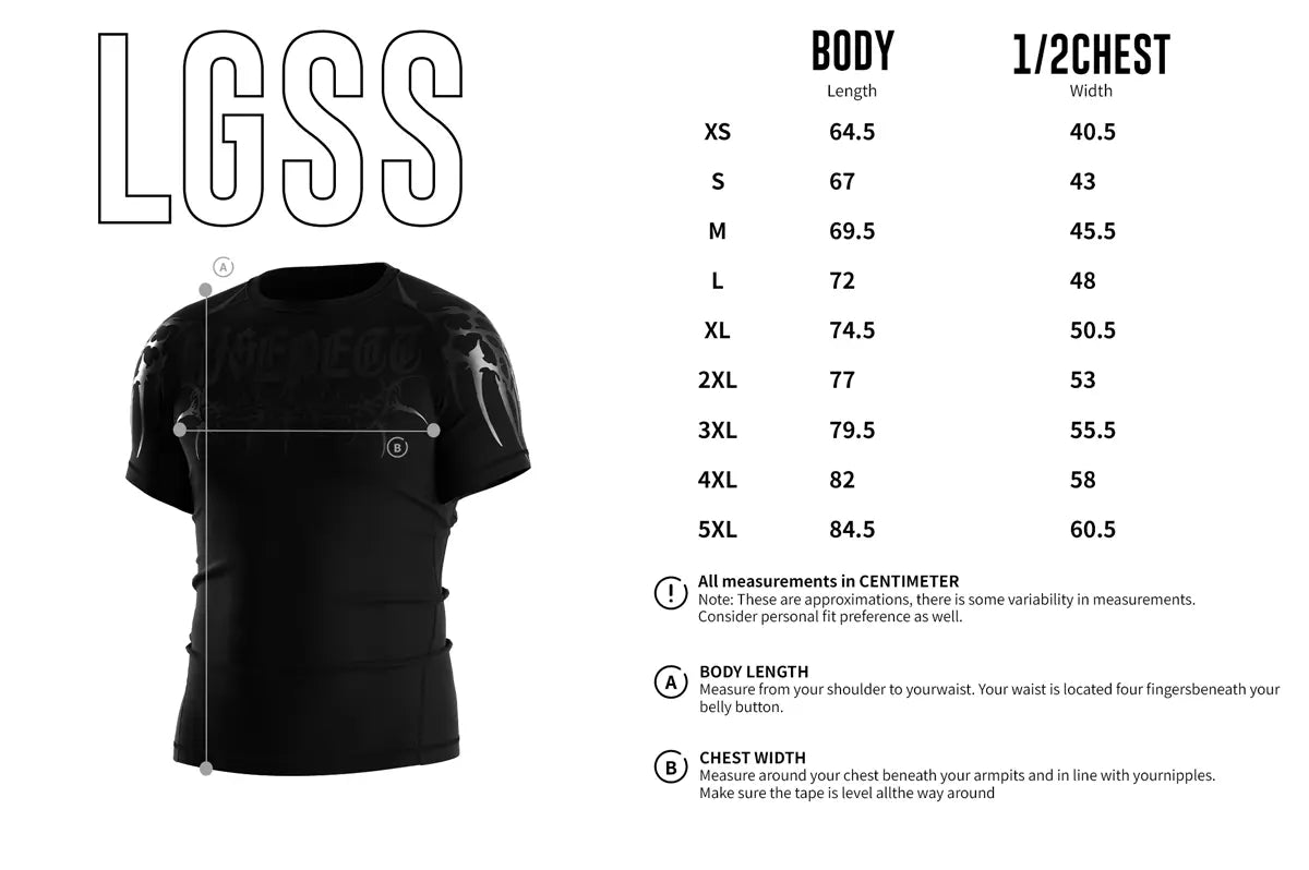 Adult Sizes Chart of Rash Guard 3.0 "Dark Sigil" Gothic Combat Tee for Men Short Sleeve