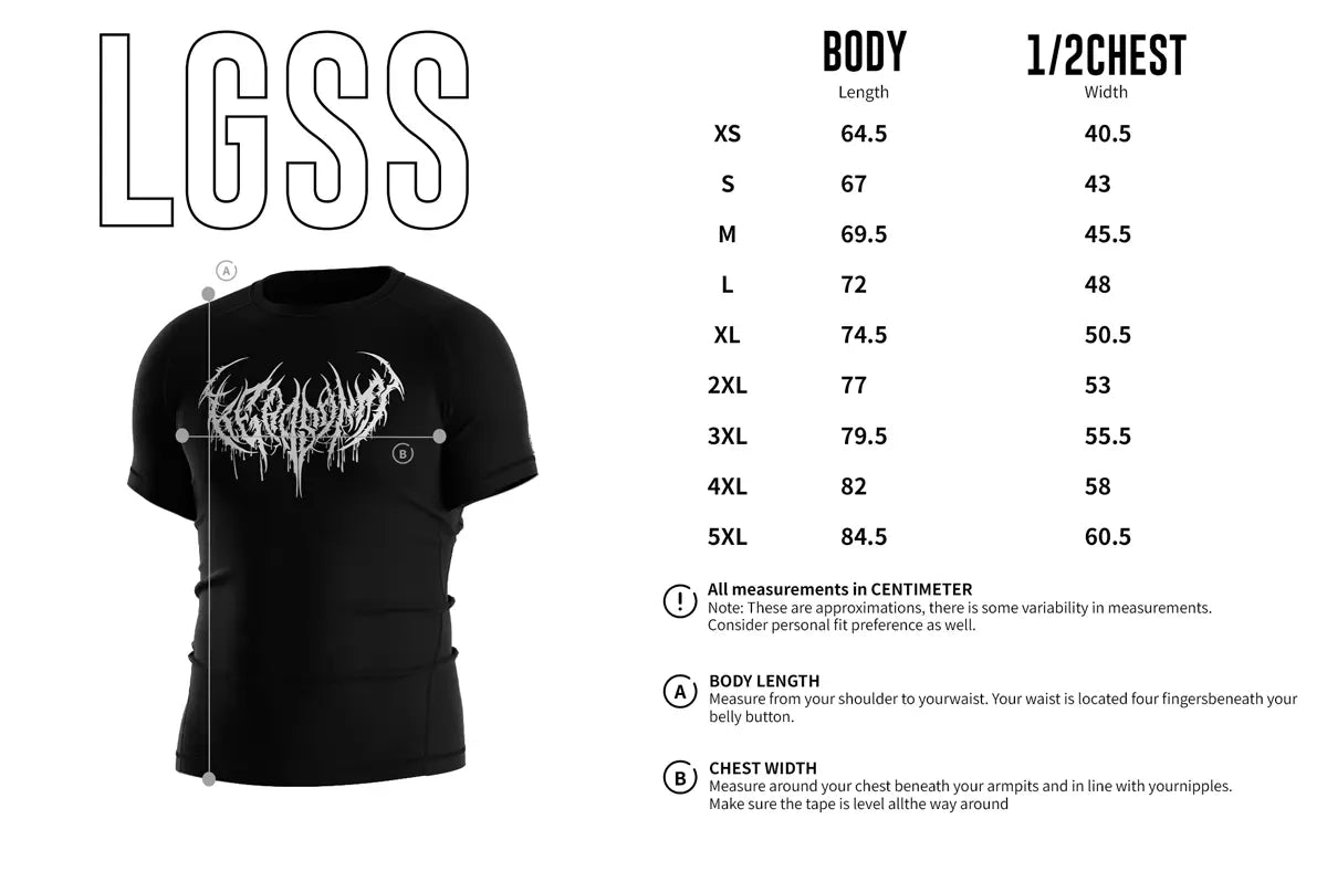 Adult Sizes Chart of Rash Guard 3.0 "Twin Howl" Gothic Metal Font Short Sleeve Tee Set