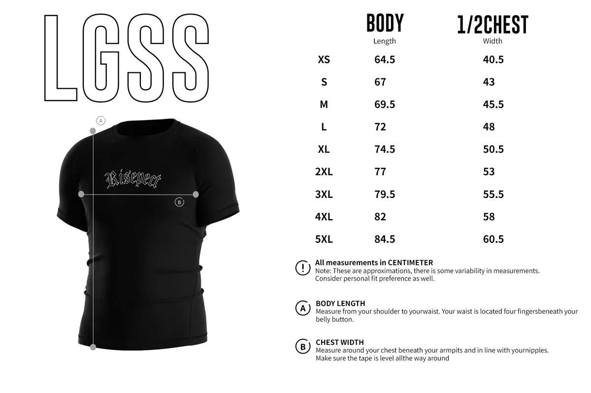 Adult Sizes Chart of Rash Guard 3.0 "Twin Venom" Short Sleeve Gothic Spine Series Tee Set