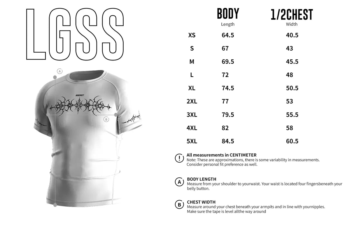 Adult Sizes Chart of Rash Guard 3.0 "White Vortex" Tribal Y2K Shirt Men Short Sleeve