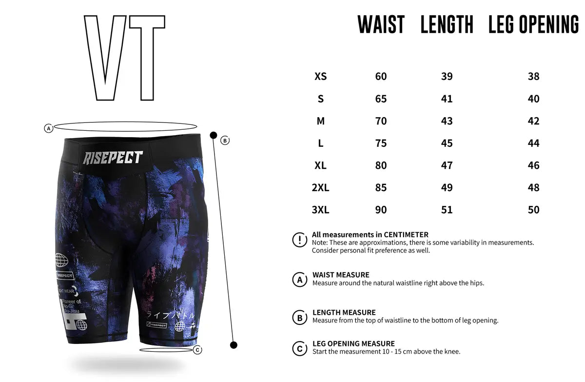 Adult Sizes Chart of Shadow Pioneer Men Vale Tudo Shorts 2.0 No-Gi Compression Gear