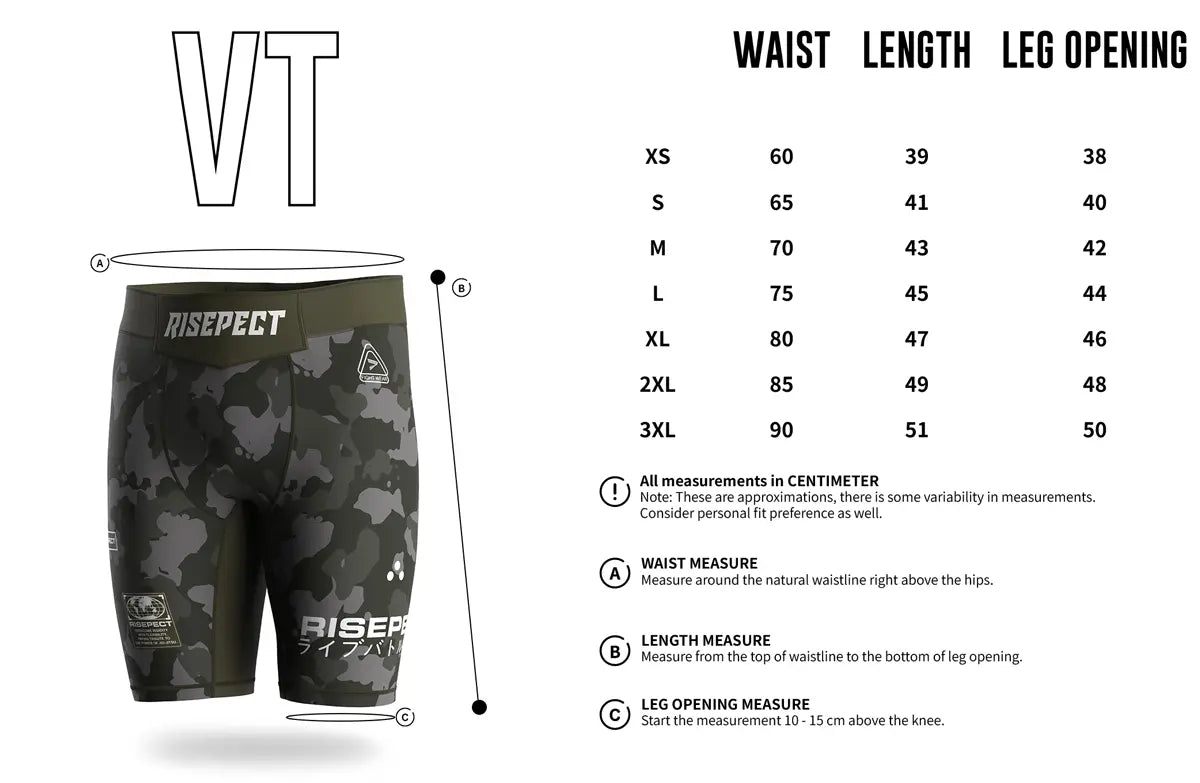 Adult Sizes Chart of Shadow Tactics Men Vale Tudo Shorts 2.0