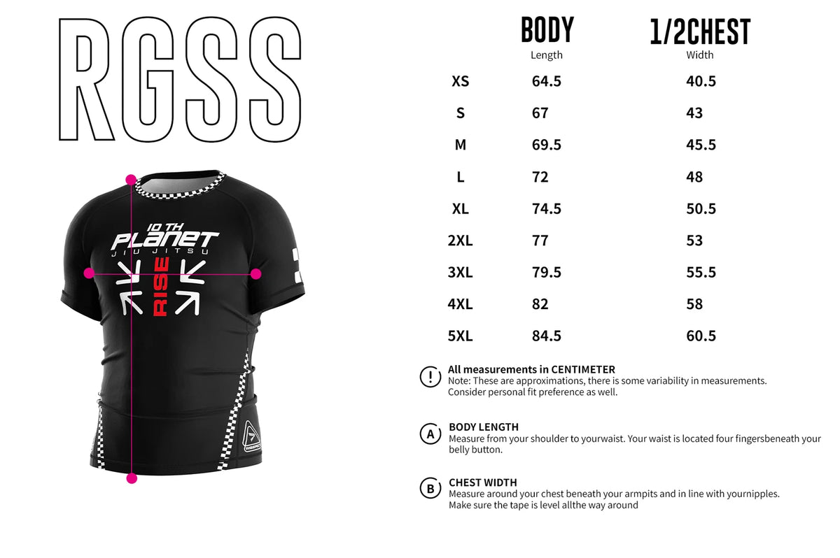 Men's Size Chart of Short Sleeve Rash Guard 3.0 – Black Arrow Text Graphic