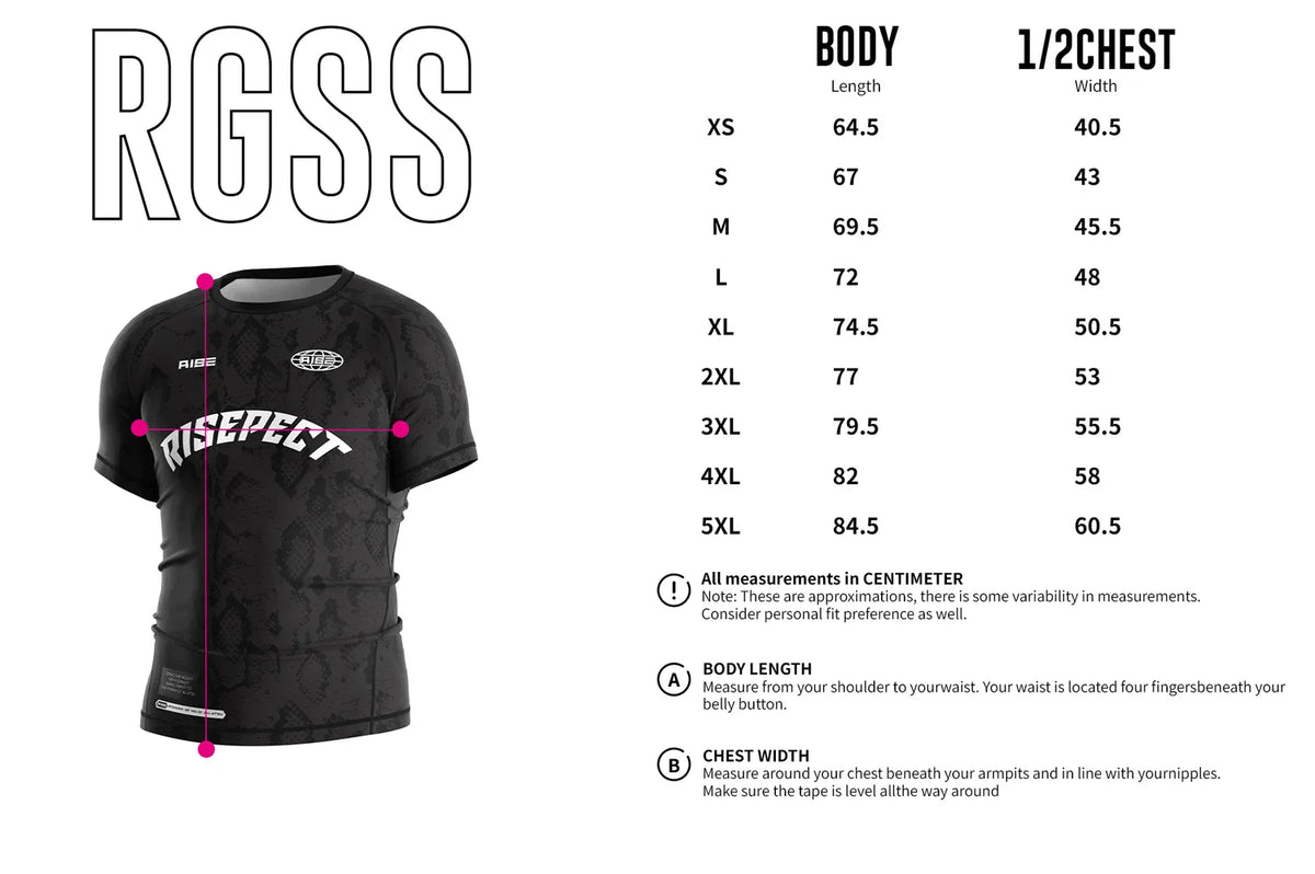 Men's Size Chart of Short Sleeve Rash Guard 3.0 – Black Tone-on-Tone Pattern