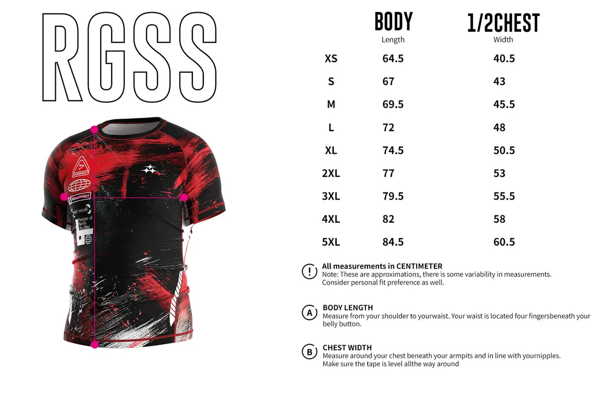 Adult Sizes Chart of Short Sleeve Rash Guard 3.0 – Black with Red Brush Stroke