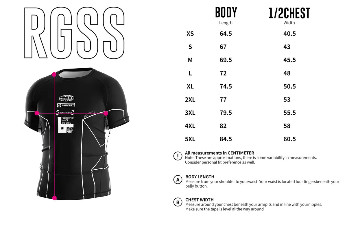 Adult Sizes Chart of Short Sleeve Rash Guard 3.0 – Black with White Lines