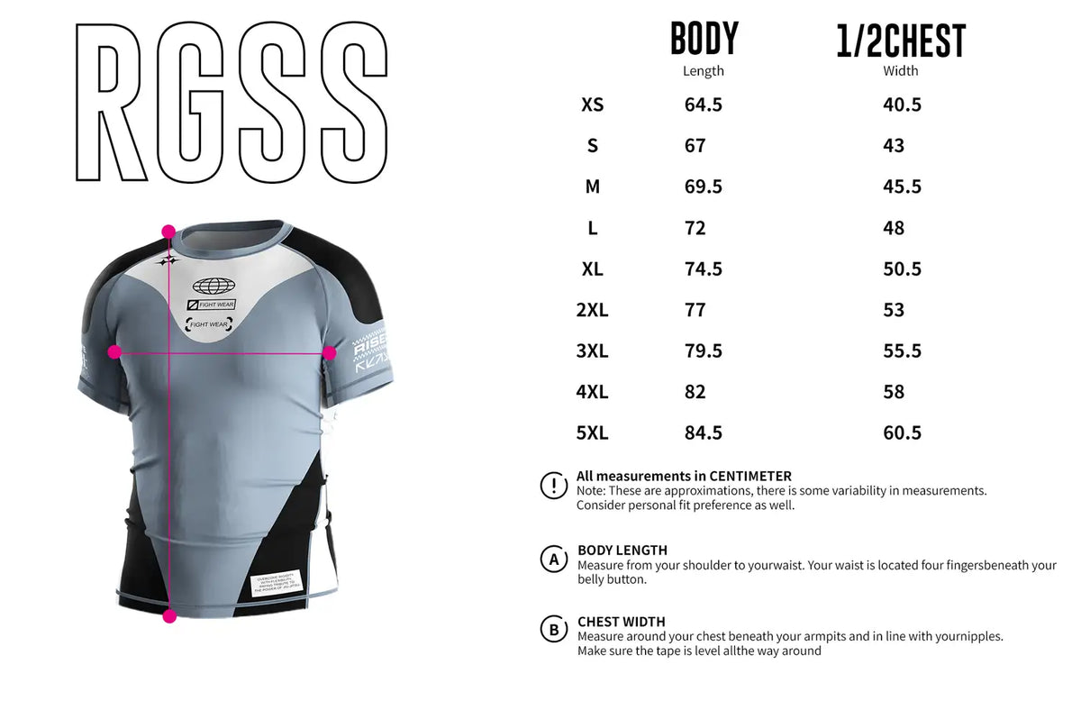 Men's Size Chart of Short Sleeve Rash Guard 3.0 – Light Blue & Black Panel