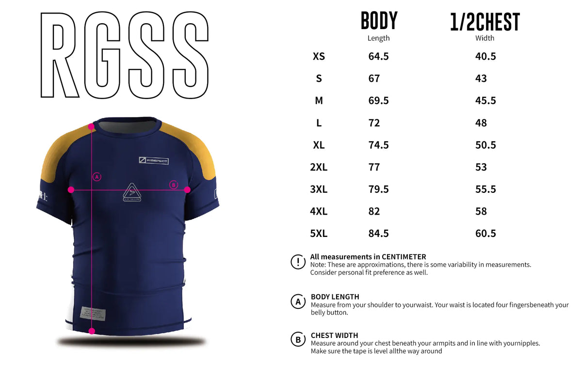 Adult Size Chart of Short Sleeve Rash Guard 3.0 – Navy with Yellow Patch