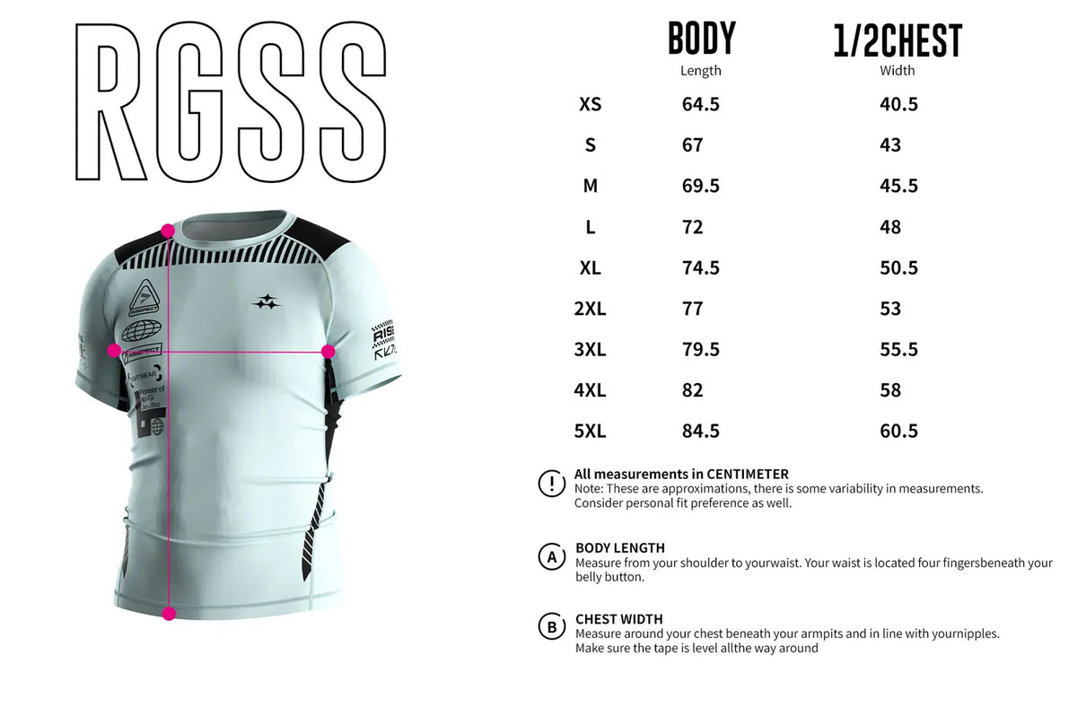 Adult Sizes Chart of Short Sleeve Rash Guard 3.0 – Sky Blue with Black Texts