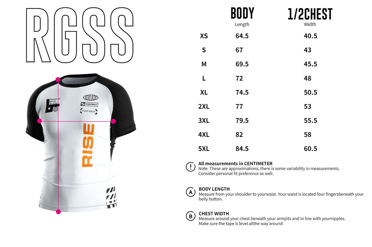 Men's Size Chart of Short Sleeve Rash Guard 3.0 – White & Black Rise Orange