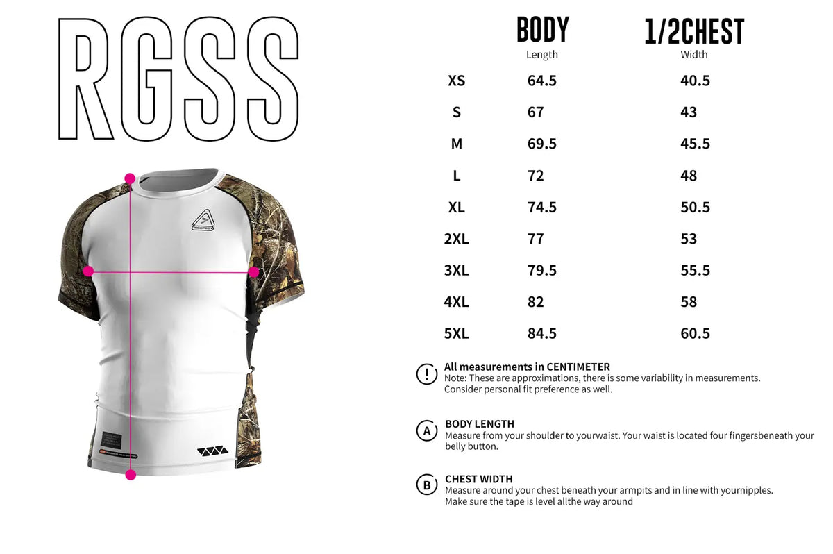 Men's Size Chart of Short Sleeve Rash Guard 3.0 – White with Forest Camo