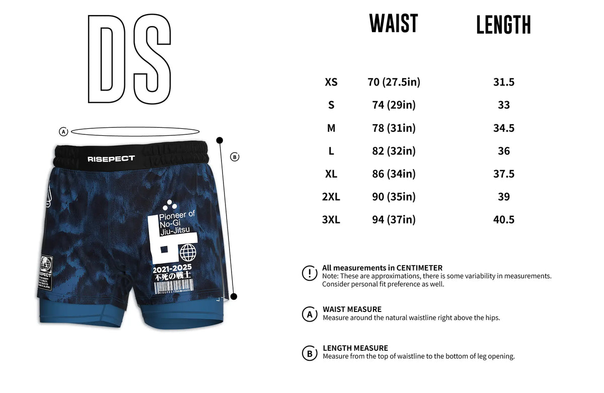 Men's Size Chart of Tie Dye Blue 2in1 BJJ Hybrid Shorts Men