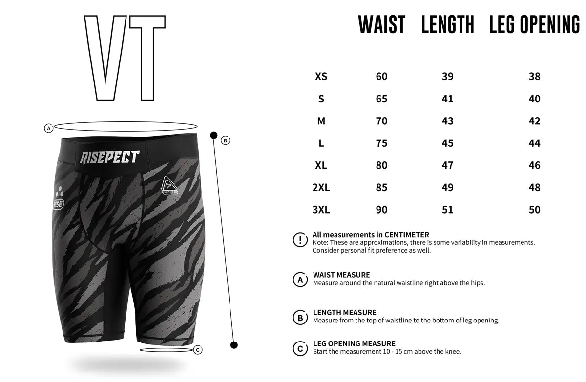 Adult Sizes Chart of Tiger Pulse Men Vale Tudo Shorts 2.0