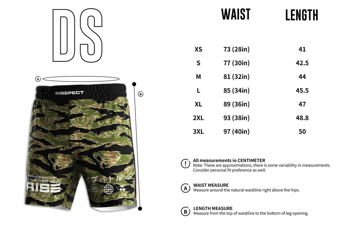 Adult Size Chart of Tigerstripe Camo High Slit MMA BJJ Training Shorts W/ White Lining