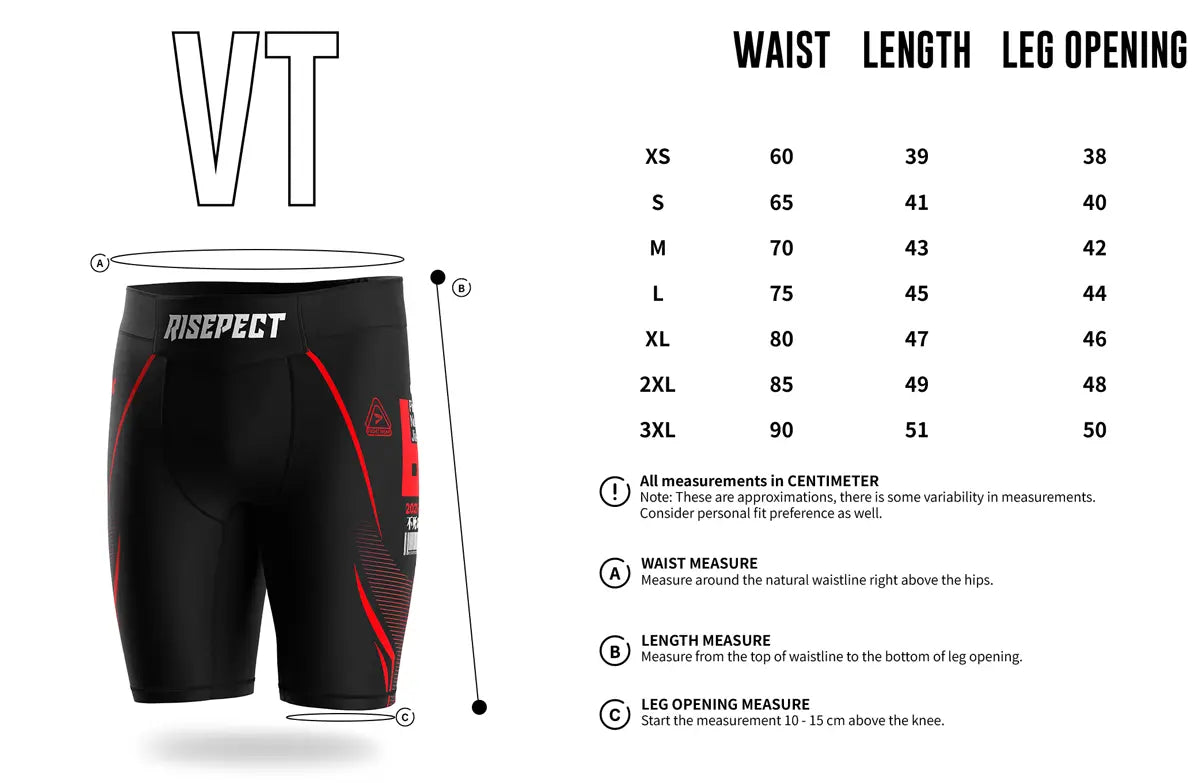 Adult Sizes Chart of Turbo Creed Men Vale Tudo Shorts 2.0