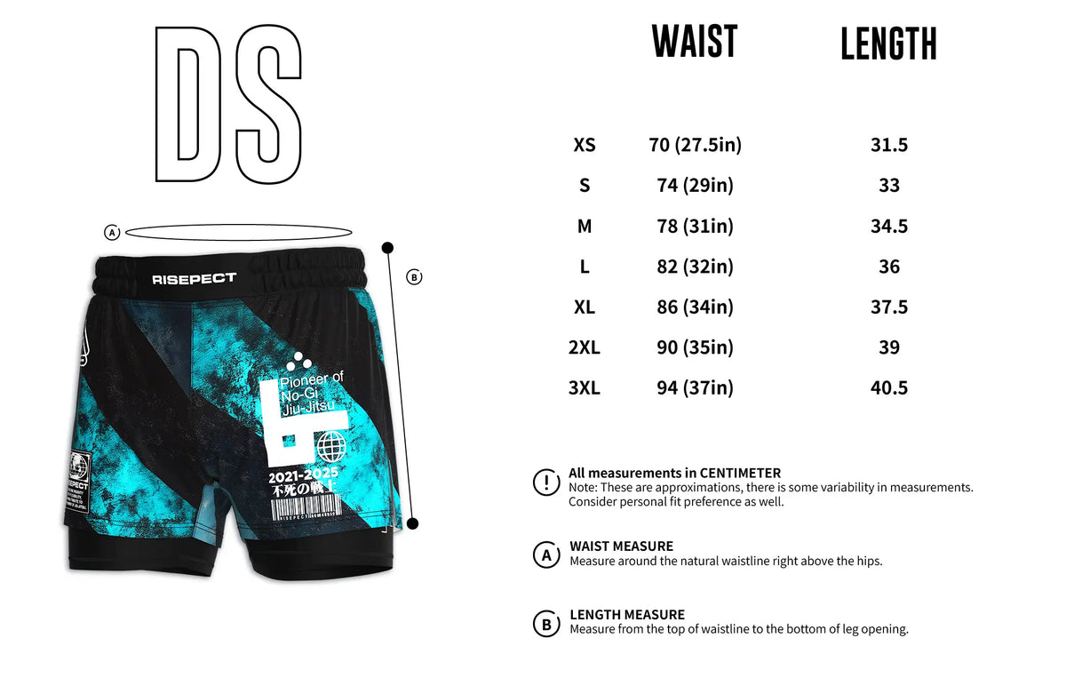 Men's Size Chart of Turquoise Stripes 2in1 BJJ Hybrid Shorts Men