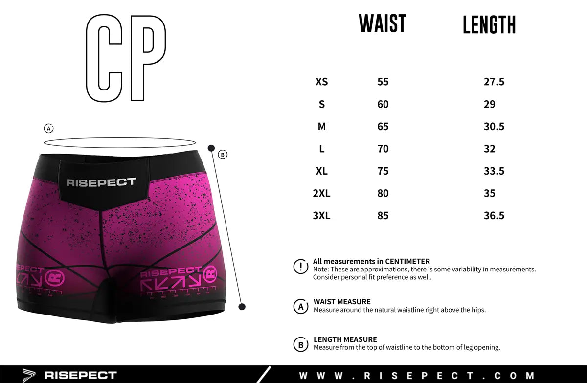 Female Sizes Chart of Velocity Scale Women's Vale Tudo Shorts 2.0