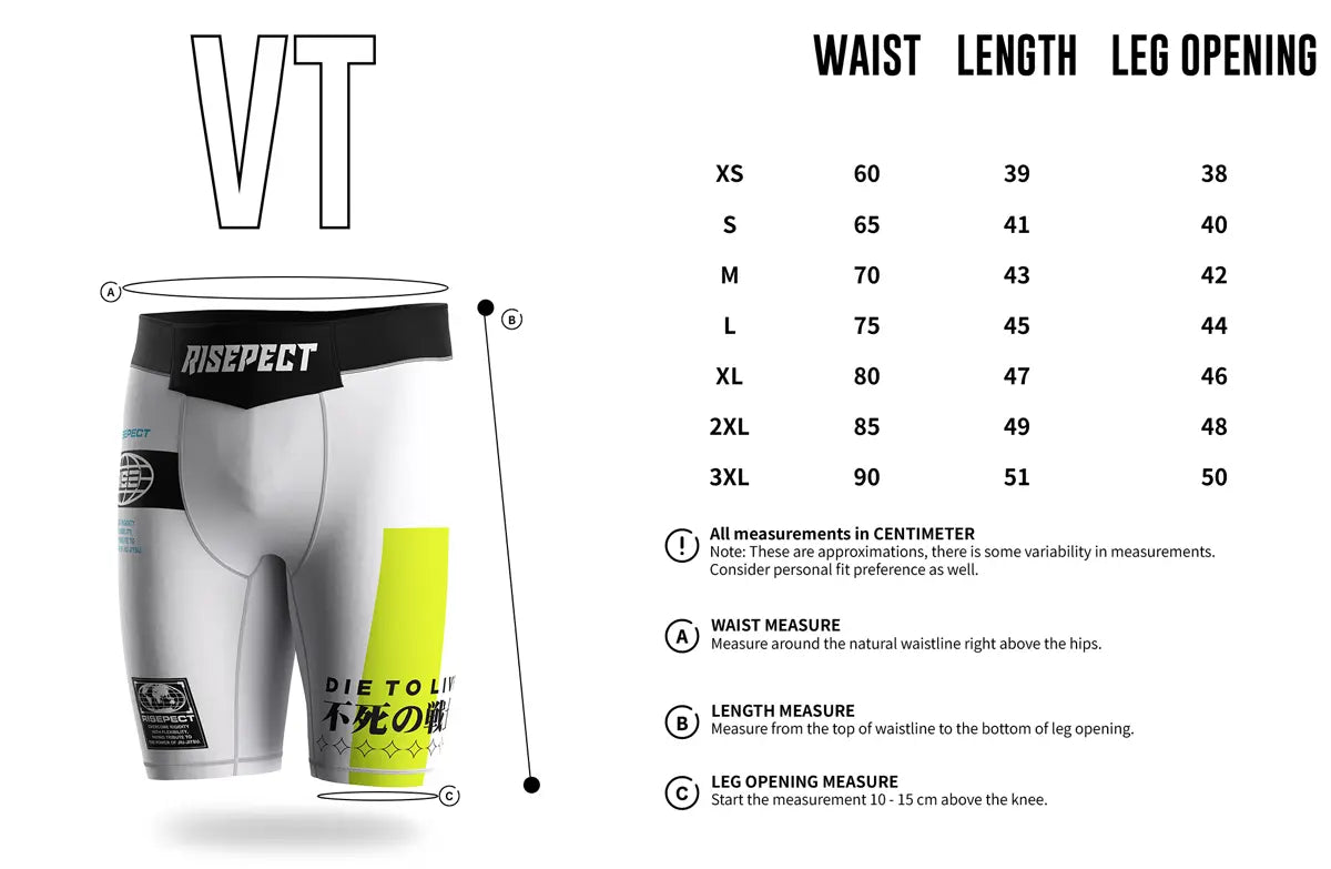 Adult Sizes Chart of Warrior's Threshold Men Vale Tudo Compression Shorts 2.0