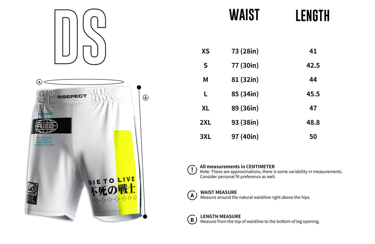 Adult Size Chart of White High Slit Grappling Fight Shorts W/ Aqua Lining