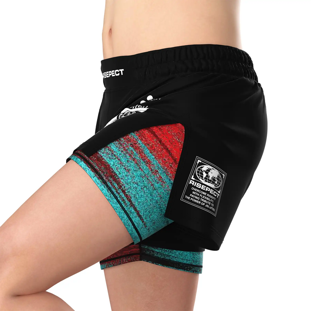 Solid Black 2 In 1 No Gi Hybrid Shorts for Men with Brick-red & Blue Camo Compression Lining
