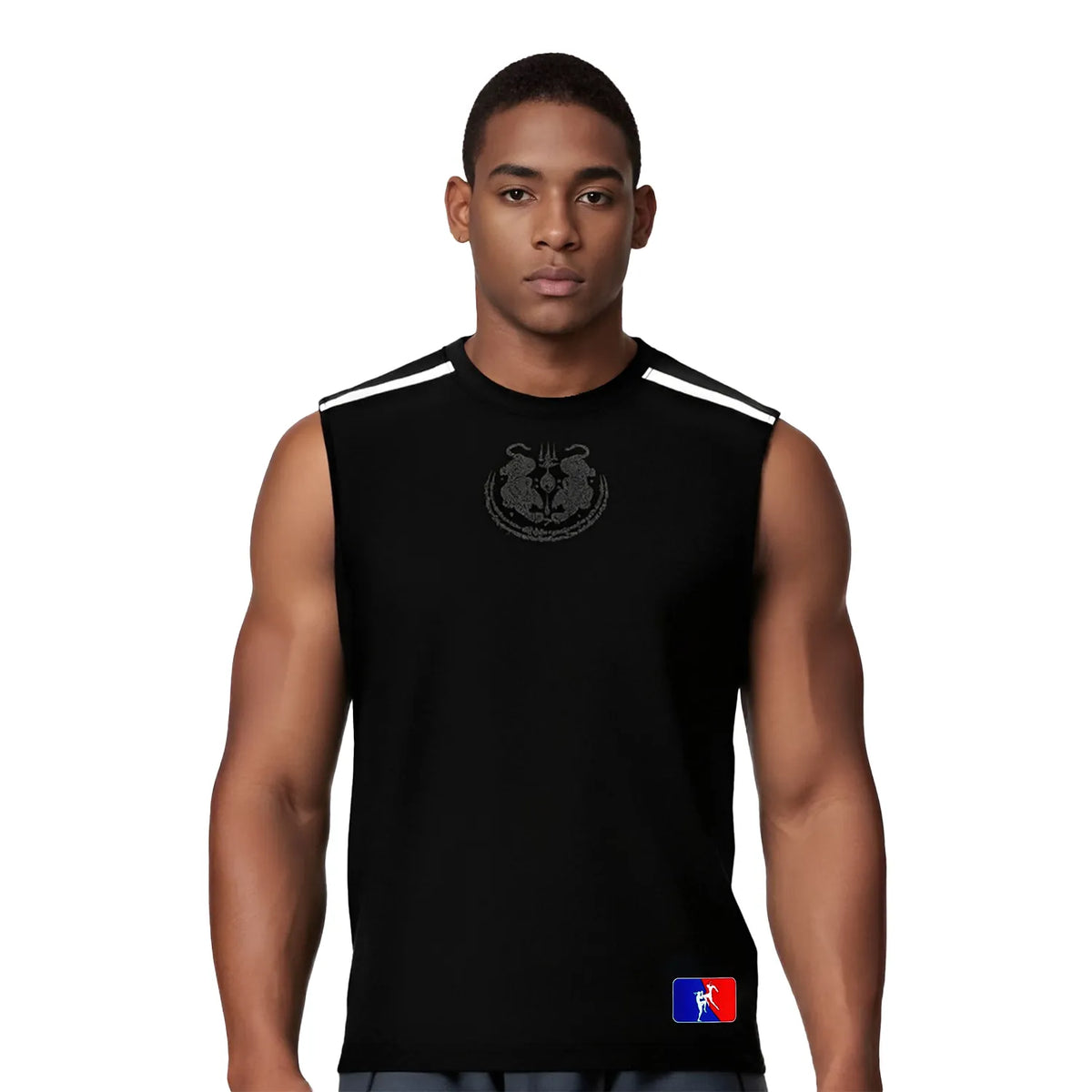 Male Model in Solid Black Minimal Muay Thai Sleeveless Shirt