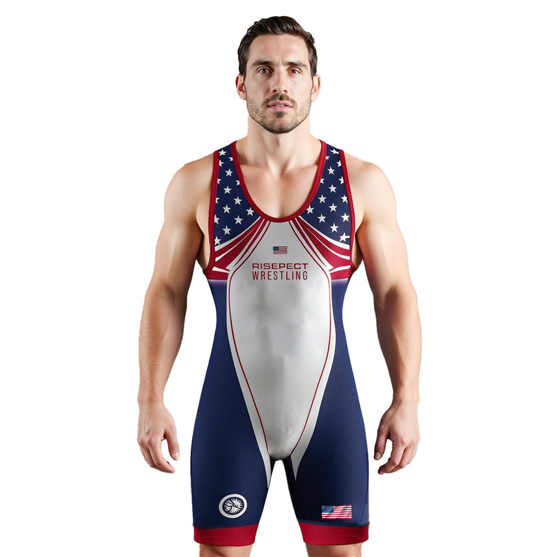 Male Model in Stars & Strikes USA Freedom Wrestling Singlet 3.0 - front