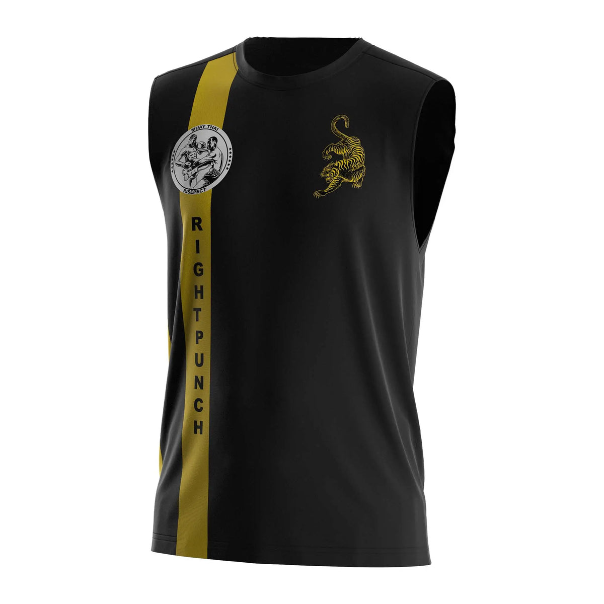Stripe Muay Thai Sleeveless Shirt with Gold Tiger & Fight Graphic