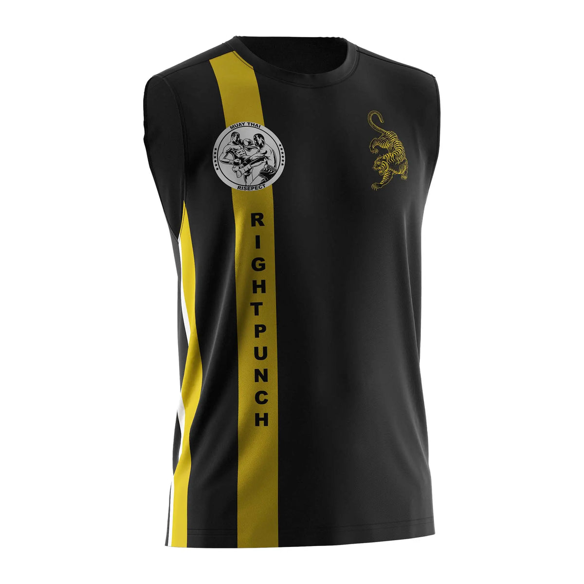 Stripe Muay Thai Sleeveless Shirt with Gold Tiger & Fight Graphic