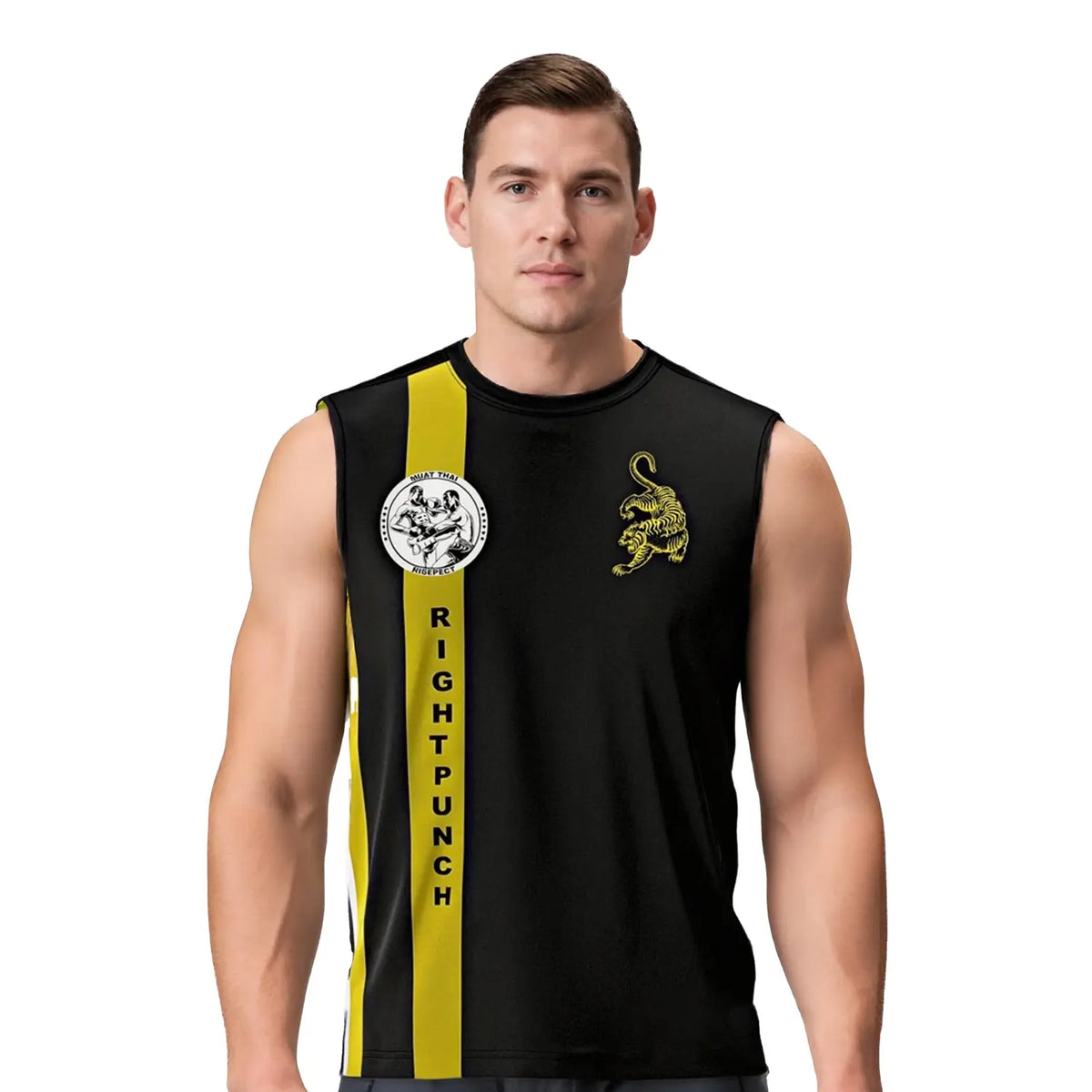 Male Model in Stripe Muay Thai Sleeveless Shirt with Gold Tiger & Fight Graphic
