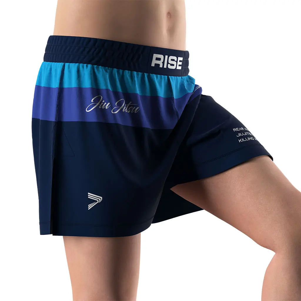 Male Model in Stripes High Slit Kindness Choke BJJ MMA Hybrid Shorts Right Front View