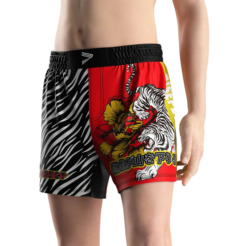 Male Model in Tiger Descent MMA Shorts Front View