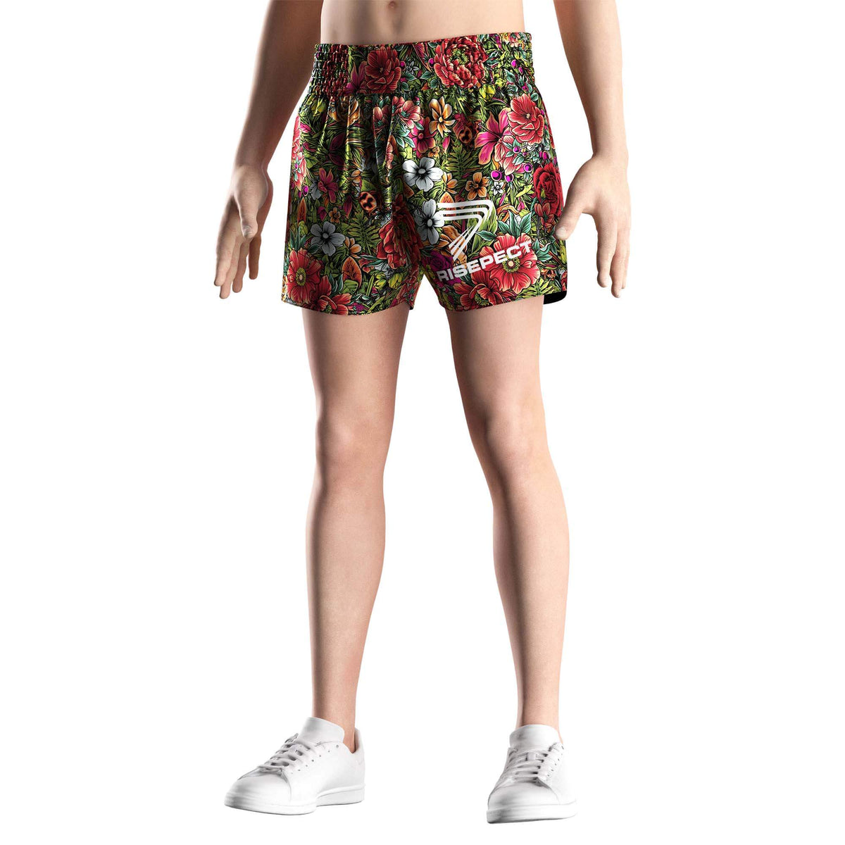 Male Model in Tropical Floral Muay Thai Shorts – Red & Yellow Jungle Bloom - front