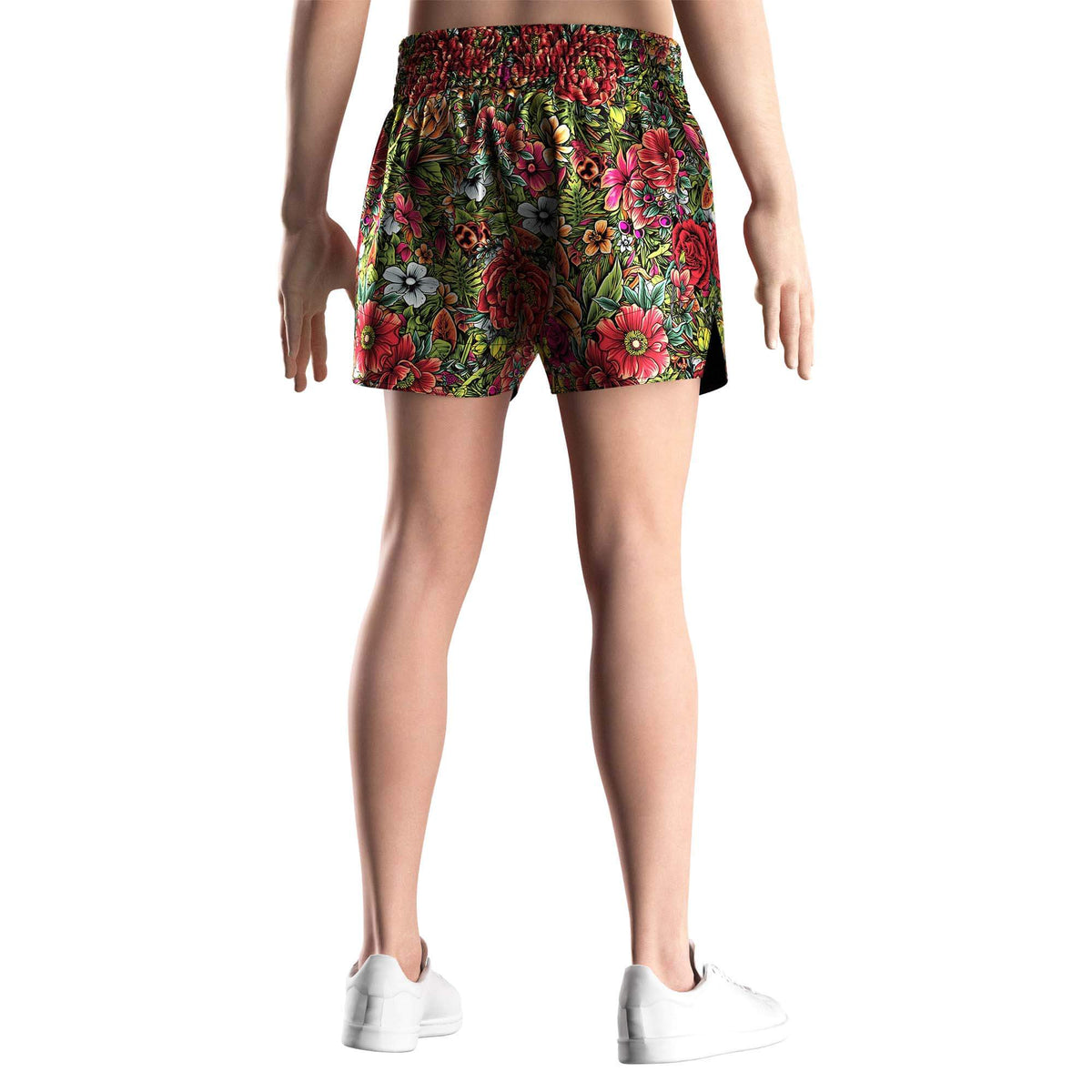 Male Model in Tropical Floral Muay Thai Shorts – Red & Yellow Jungle Bloom - back