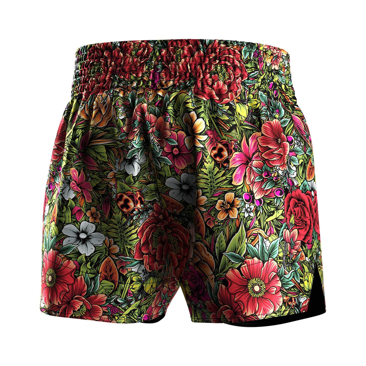 Right Back of Tropical Floral Muay Thai Shorts – Red & Yellow Jungle Bloom